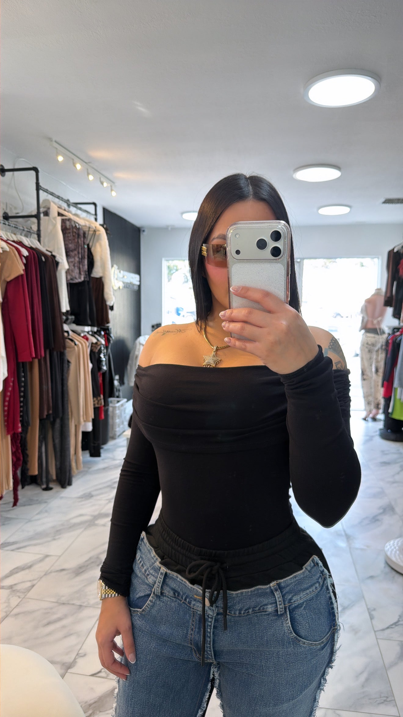 Long-sleeved black bodysuit